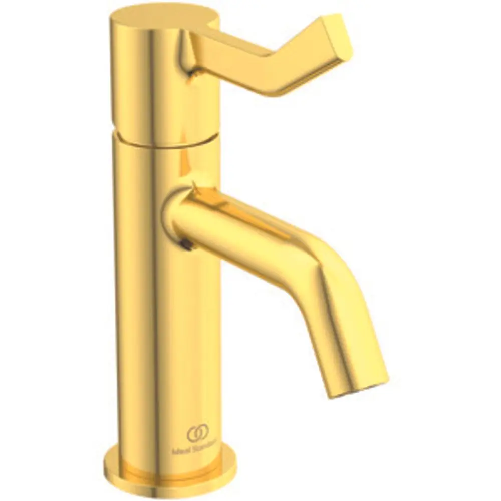 Goldene Waschbeckenarmatur mit langem Griff, hergestellt von Ideal Standard. Modernes Design mit kantiger Auslaufform für präzise Wasserführung.